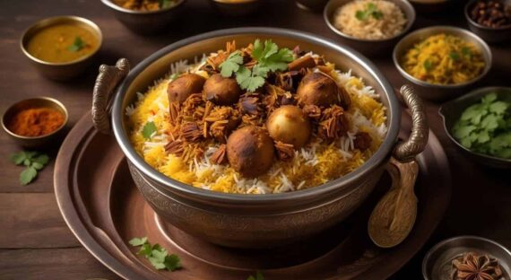 Authentic Indian biryani, a FoodArt signature dish, with curries and herbs on a rustic table.