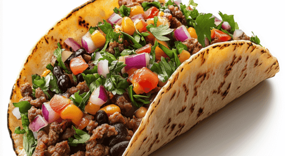 Mouthwatering FoodArt signature taco with meat, crisp vegetables, and cheese against a clean white background.